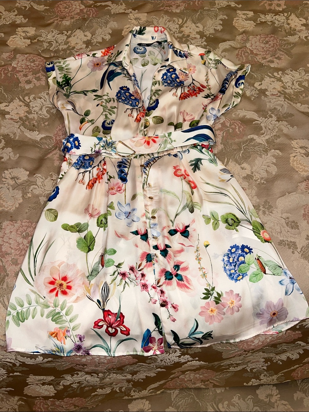 Zara White Floral Belted Shirt Dress